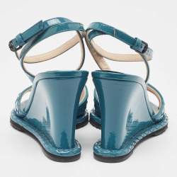 Pre Owned Bottega Veneta Blue Intrecciato Patent Leather Wedge Ankle Strap Sandals Size 36