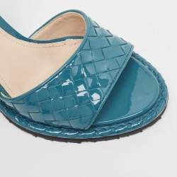 Pre Owned Bottega Veneta Blue Intrecciato Patent Leather Wedge Ankle Strap Sandals Size 36