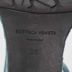 Pre Owned Bottega Veneta Blue Intrecciato Patent Leather Wedge Ankle Strap Sandals Size 36