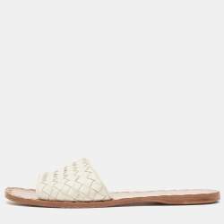 Pre Owned Bottega Veneta White Intrecciato Leather Flat Slides Size 37.5