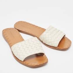 Pre Owned Bottega Veneta White Intrecciato Leather Flat Slides Size 37.5