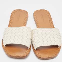 Pre Owned Bottega Veneta White Intrecciato Leather Flat Slides Size 37.5