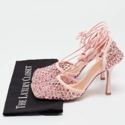 Pre Owned Bottega Veneta Pink Leather and Mesh Ankle Tie Sandals Size 38.5