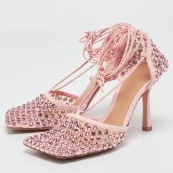 Pre Owned Bottega Veneta Pink Leather and Mesh Ankle Tie Sandals Size 38.5