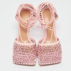 Pre Owned Bottega Veneta Pink Leather and Mesh Ankle Tie Sandals Size 38.5