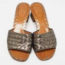 Bottega Veneta Metallic Intrecciato Leather Ravello Slide Sandals Size 36