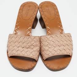 Pre Owned Bottega Veneta Beige Intrecciato Leather Slide Sandals Size 36 