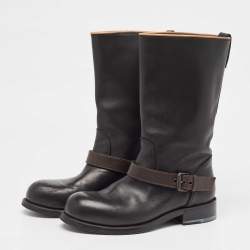 Bottega Veneta Black/Brown Leather Buckle Detail Mid Calf Boots Size 36.5