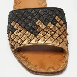 Pre Owned Bottega Veneta Gold/Black Intrecciato Leather Flat Slides Size 38