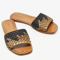 Pre Owned Bottega Veneta Gold/Black Intrecciato Leather Flat Slides Size 38