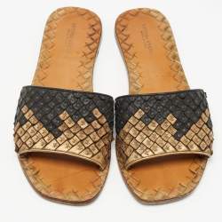 Pre Owned Bottega Veneta Gold/Black Intrecciato Leather Flat Slides Size 38
