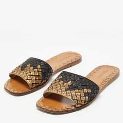 Pre Owned Bottega Veneta Gold/Black Intrecciato Leather Flat Slides Size 38