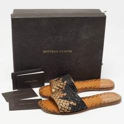 Pre Owned Bottega Veneta Gold/Black Intrecciato Leather Flat Slides Size 38
