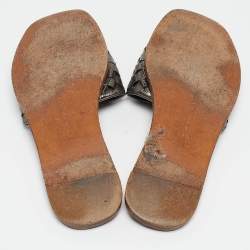 Pre Owned Bottega Veneta Metallic Grey Intrecciato Leather Flat Slides Size 35.5