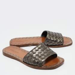 Pre Owned Bottega Veneta Metallic Grey Intrecciato Leather Flat Slides Size 35.5