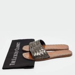 Pre Owned Bottega Veneta Metallic Grey Intrecciato Leather Flat Slides Size 35.5