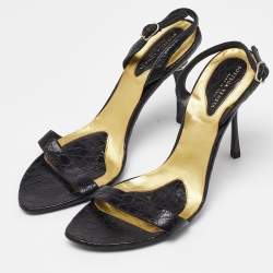 Pre Owned Bottega Veneta Black Croc Embossed Ankle Strap Sandals Size 35