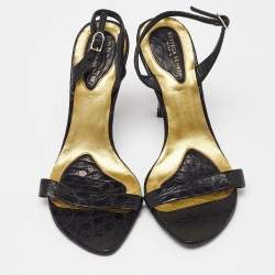 Pre Owned Bottega Veneta Black Croc Embossed Ankle Strap Sandals Size 35