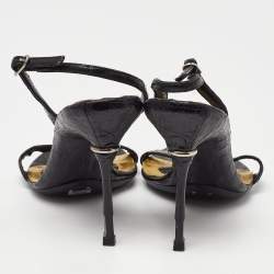 Pre Owned Bottega Veneta Black Croc Embossed Ankle Strap Sandals Size 35