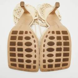 Pre Owned Bottega Veneta Cream Mesh and Leather Ankle Tie Pumps Size 37