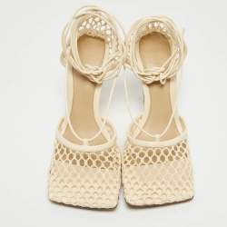 Pre Owned Bottega Veneta Cream Mesh and Leather Ankle Tie Pumps Size 37