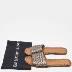 مملوكة مسبقًا Bottega Vaneta Metallic Intrecciato Leather Ravello Flat Slides Size 38