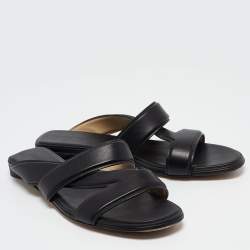 Pre Owned Bottega Veneta Black Leather The Band Slide Flats Size 40.5