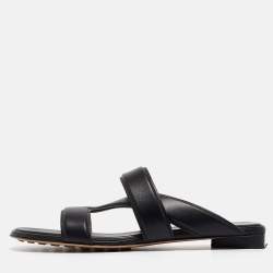 Pre Owned Bottega Veneta Black Leather The Band Slide Flats Size 40.5