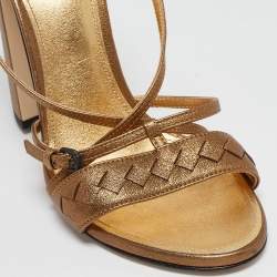 Bottega Veneta Metallic Bronze Intrecciato Leather Block Heel Sandals Size 39