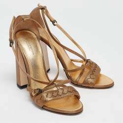 Bottega Veneta Metallic Bronze Intrecciato Leather Block Heel Sandals Size 39