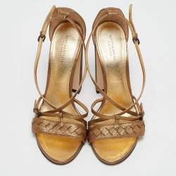 Bottega Veneta Metallic Bronze Intrecciato Leather Block Heel Sandals Size 39