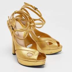 Bottega Veneta Gold Leather Ankle Strap Platform Sandals Size 38