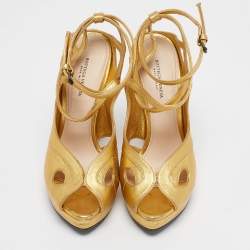 Bottega Veneta Gold Leather Ankle Strap Platform Sandals Size 38