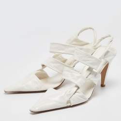 مملوكة مسبقًا Bottega Veneta White Crackle Leather The Point Slingback Sandals Size 40.5