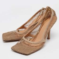 Bottega Veneta Beige Mesh and Leather Stretch Slingback Pumps Size 41