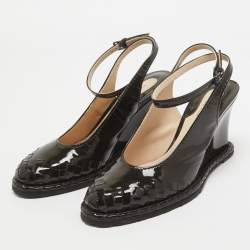 مملوكة مسبقًا Bottega Veneta Dark Brown Patent Leather Slingback Ankle Strap Wedge Pumps Size 39