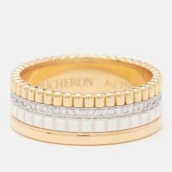 Boucheron Quatre Classique White Edition Diamonds Ceramic 18k Three Tone Gold Ring Size 52
