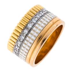 Boucheron Quatre White Edition Large Ceramic Diamond 18K Three Tone Gold Band Ring Size 52