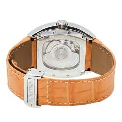 Pre Owned Boucheron Grey Stainless Steel Diamond Leather MEC Tonneau Women's Wristwatch 38 mm