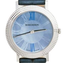 Pre Owned Boucheron Blue Mother of Pearl Stainless Steel Leather Round Clous de Paris N°100 Women's Wristwatch 38 mm
