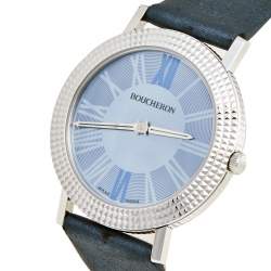 Pre Owned Boucheron Blue Mother of Pearl Stainless Steel Leather Round Clous de Paris N°100 Women's Wristwatch 38 mm