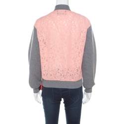 Pre Owned Boutique Moschino Peach Floral Lace Paneled Zip Front Jacket S