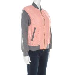 Pre Owned Boutique Moschino Peach Floral Lace Paneled Zip Front Jacket S