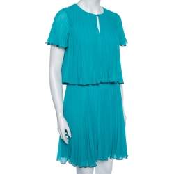 Pre Owned Boutique Moschino Turquoise Blue Plisse Chiffon Overlay Detail Midi Dress S 