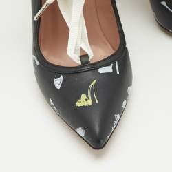 Pre Owned Boutique Moschino Printed Black Leather Ankle Wrap Pumps Size 37