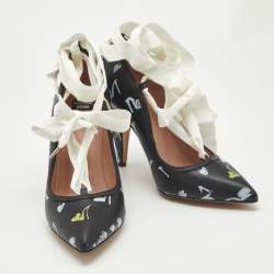Pre Owned Boutique Moschino Printed Black Leather Ankle Wrap Pumps Size 37