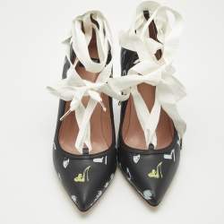 Pre Owned Boutique Moschino Printed Black Leather Ankle Wrap Pumps Size 37