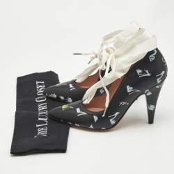 Pre Owned Boutique Moschino Printed Black Leather Ankle Wrap Pumps Size 37