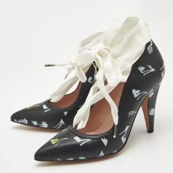 Pre Owned Boutique Moschino Printed Black Leather Ankle Wrap Pumps Size 37