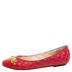 Pre Owned Boutique Moschino Red Quilted Chain Leather Logo Ballet Flats Size 38